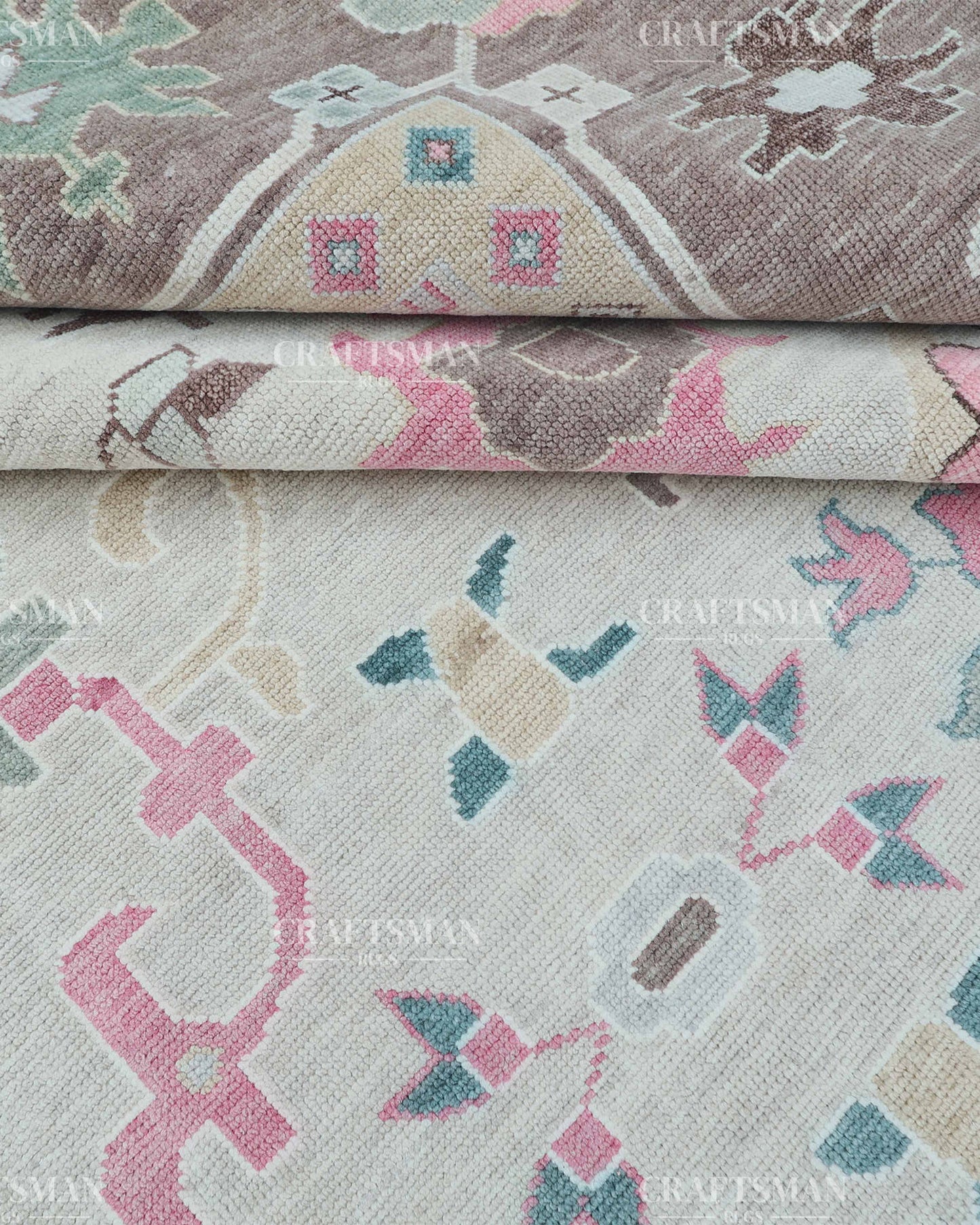 Hand Knotted Oushak Wool Rug – Vintage Turkish Floral Medallion Area Rug in Ivory, Taupe, Sage Green, Teal & Blush Pink