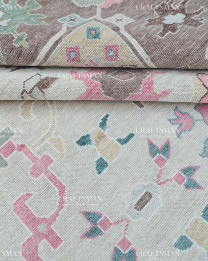 Hand Knotted Oushak Wool Rug – Vintage Turkish Floral Medallion Area Rug in Ivory, Taupe, Sage Green, Teal & Blush Pink