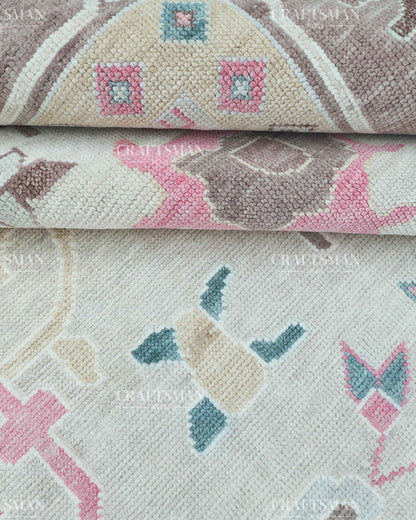 Hand Knotted Oushak Wool Rug – Vintage Turkish Floral Medallion Area Rug in Ivory, Taupe, Sage Green, Teal & Blush Pink
