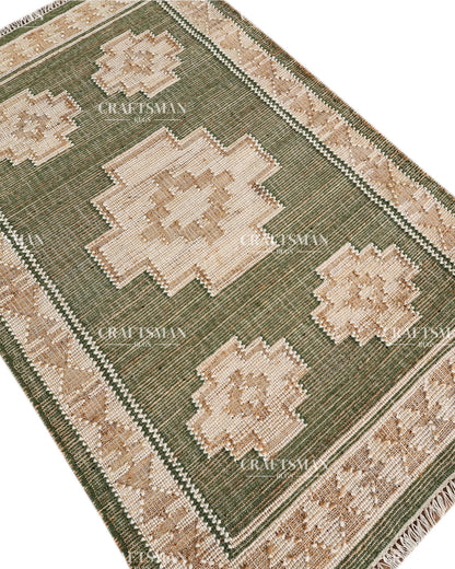 4x6 Handwoven Olive Green Jute Area Rug – Eco-Friendly Flatweave Rug | Geometric Boho Farmhouse Carpet | Ready to Ship