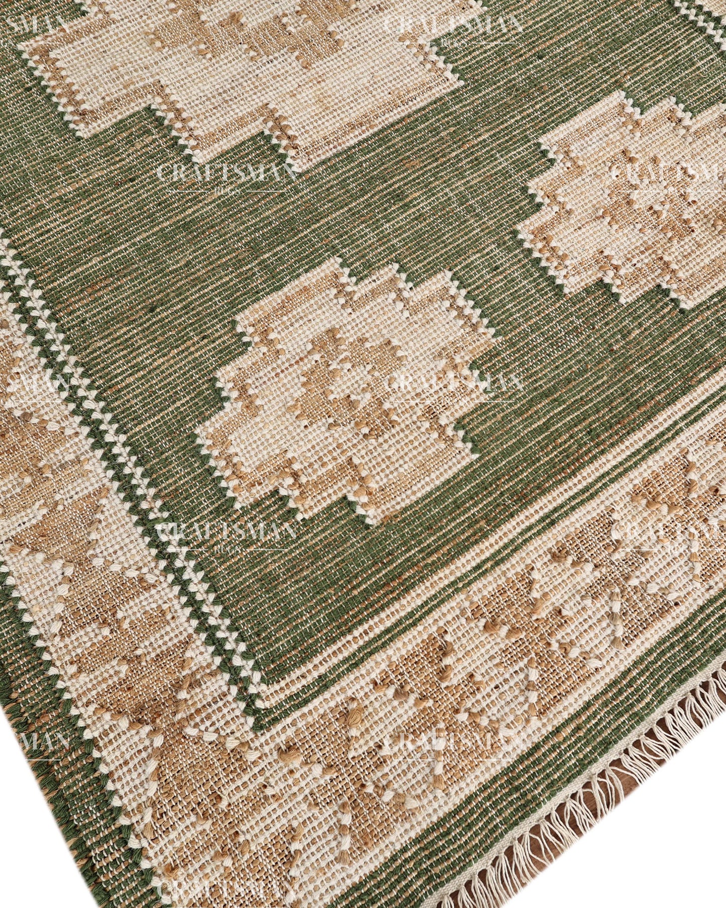 Handwoven Olive Green Jute Area Rug – Natural Geometric Boho Farmhouse Flatweave Rug | Handmade Eco-Friendly Rug