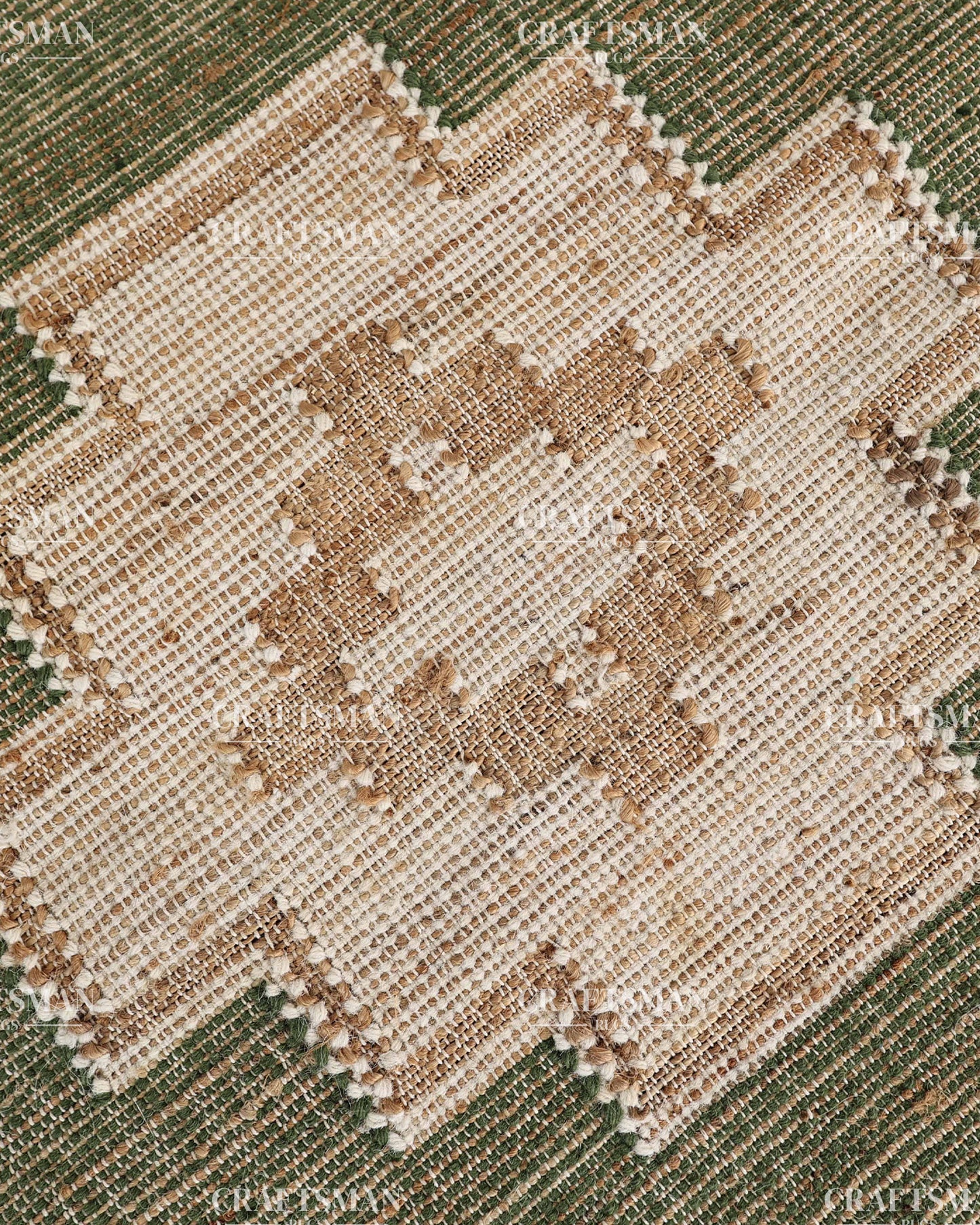 Handwoven Olive Green Jute Area Rug – Natural Geometric Boho Farmhouse Flatweave Rug | Handmade Eco-Friendly Rug