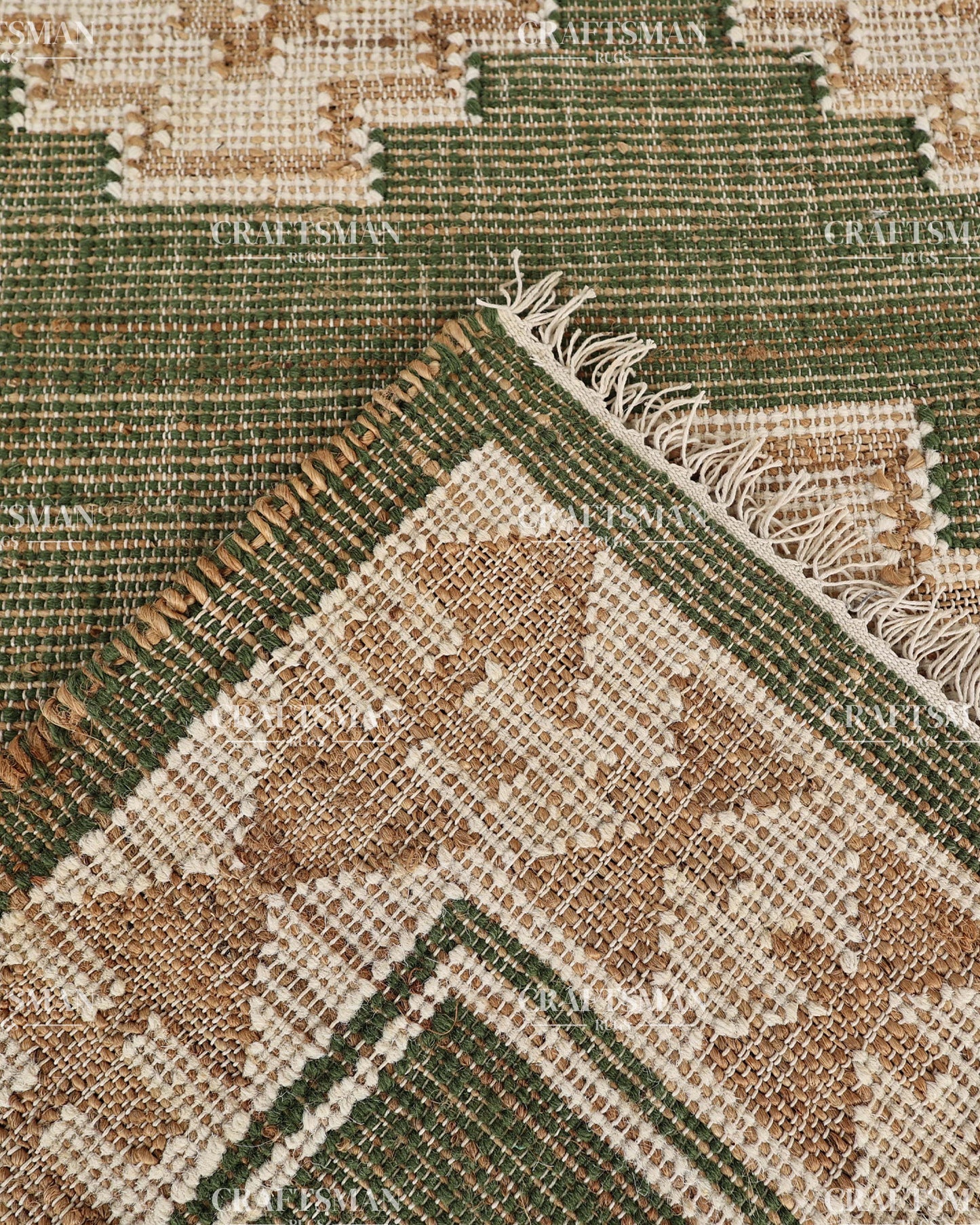Handwoven Olive Green Jute Area Rug – Natural Geometric Boho Farmhouse Flatweave Rug | Handmade Eco-Friendly Rug