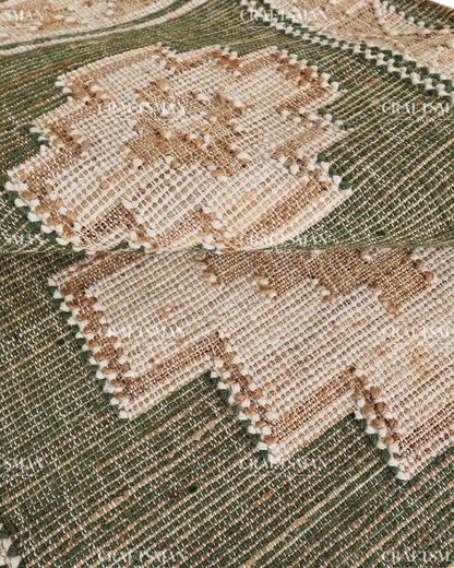 Handwoven Olive Green Jute Area Rug – Natural Geometric Boho Farmhouse Flatweave Rug | Handmade Eco-Friendly Rug
