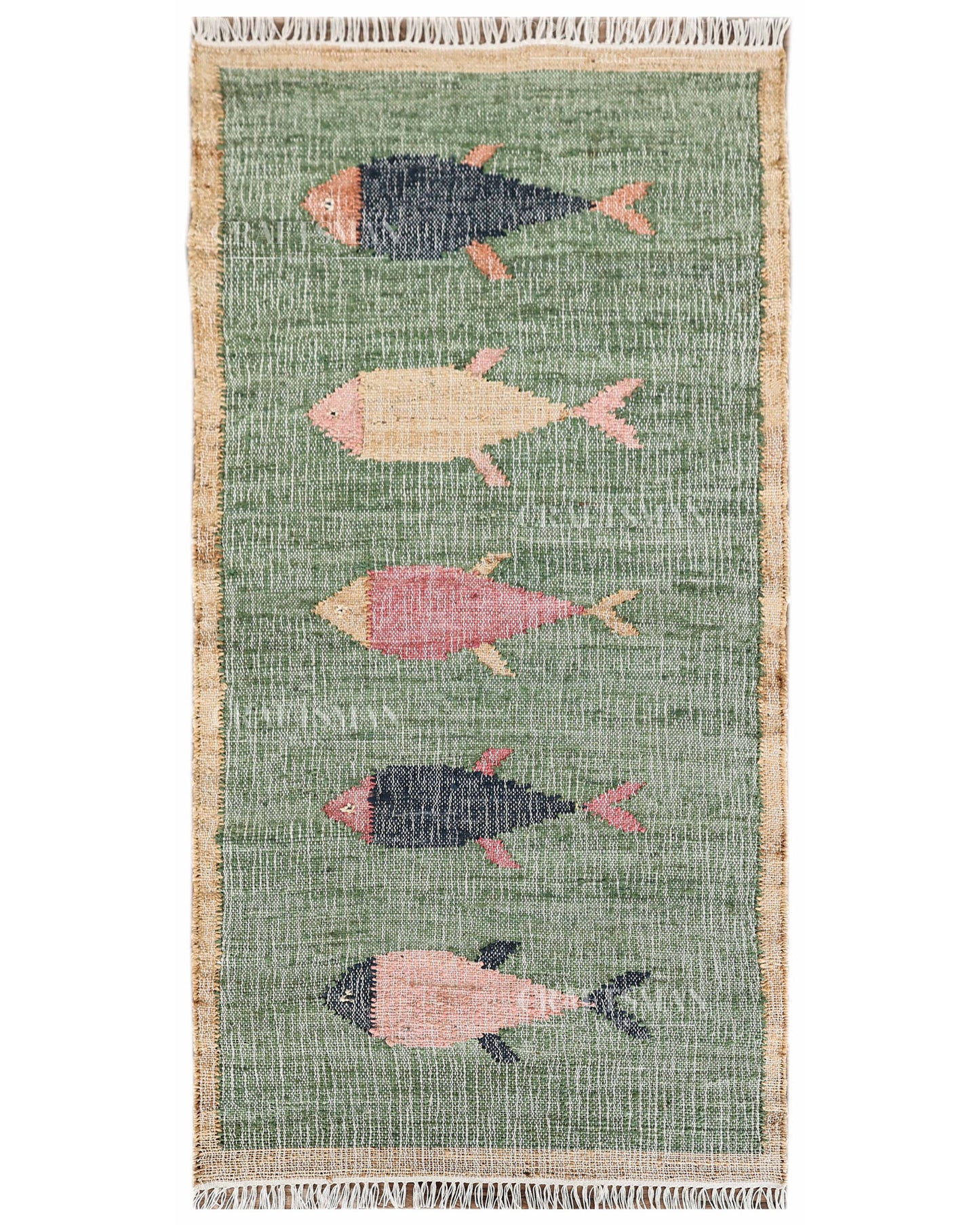 Handwoven Jute Fish Area Rug – Green Natural Jute Coastal Nautical Rug for Living Room, Bedroom & Entryway