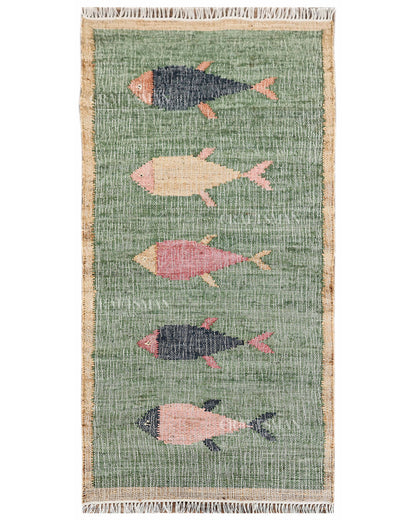 Handwoven Jute Fish Area Rug – Green Natural Jute Coastal Nautical Rug for Living Room, Bedroom & Entryway