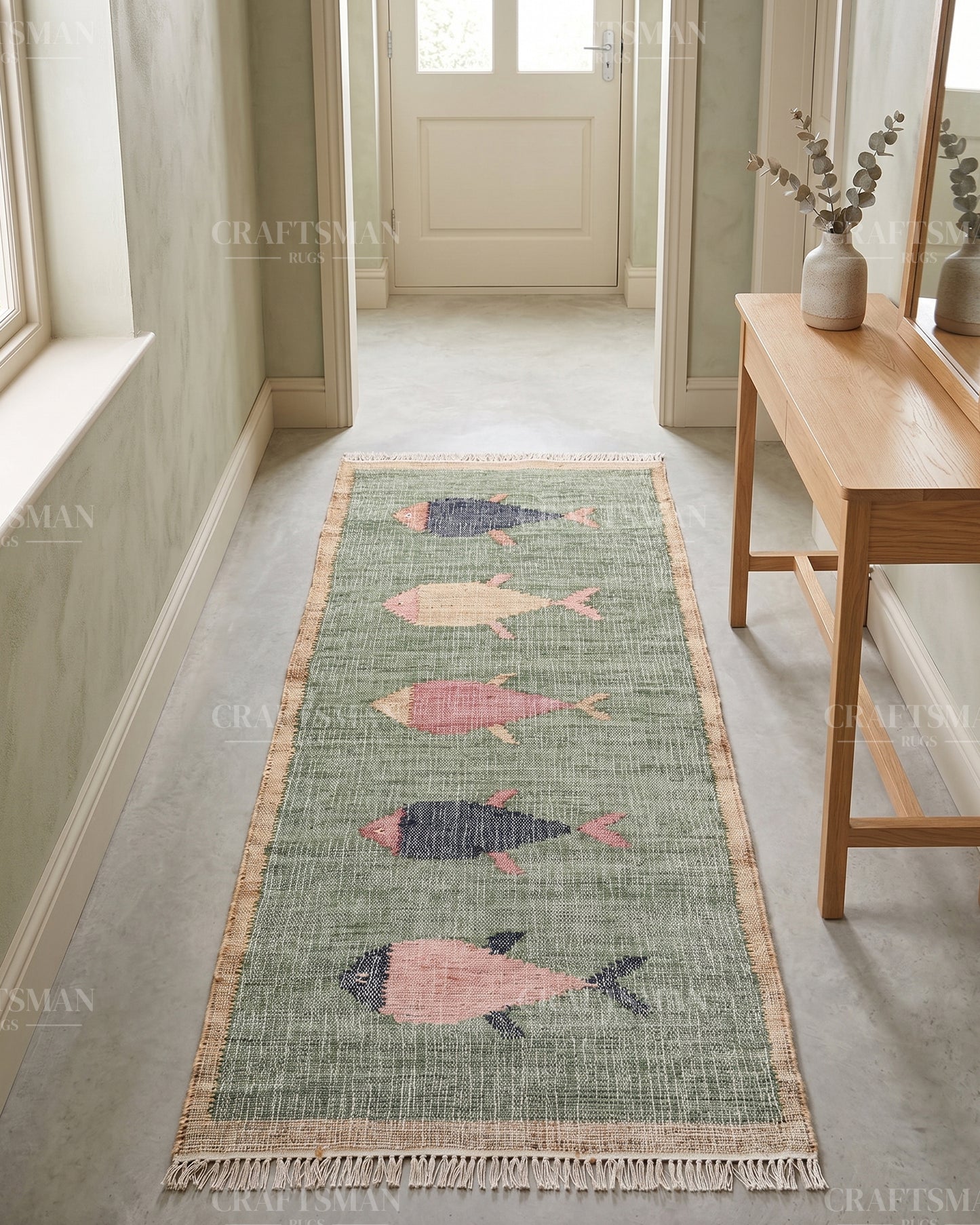 Handwoven Jute Fish Area Rug – Green Natural Jute Coastal Nautical Rug for Living Room, Bedroom & Entryway
