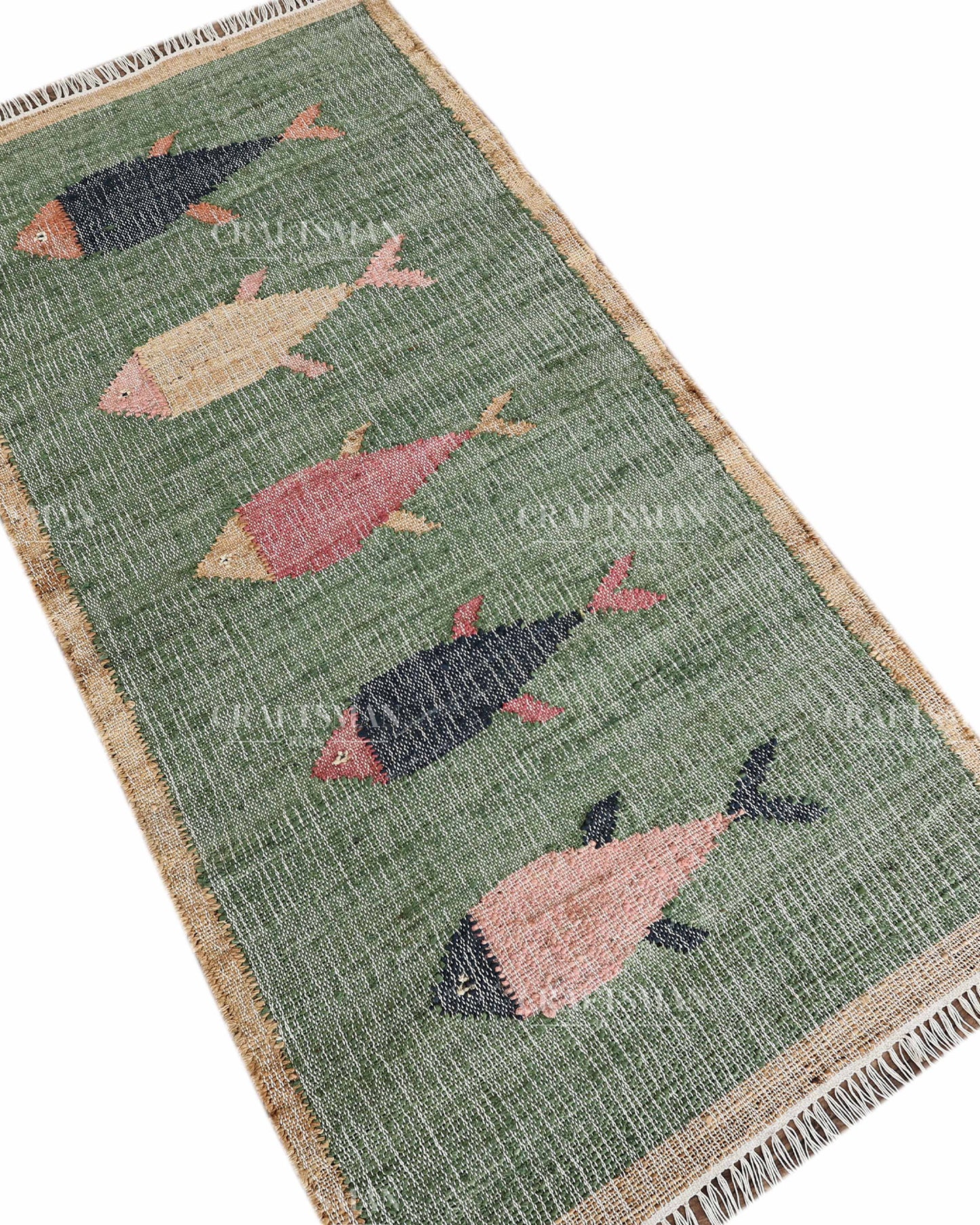Handwoven Jute Fish Area Rug – Green Natural Jute Coastal Nautical Rug for Living Room, Bedroom & Entryway