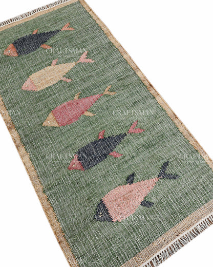 Handwoven Jute Fish Area Rug – Green Natural Jute Coastal Nautical Rug for Living Room, Bedroom & Entryway