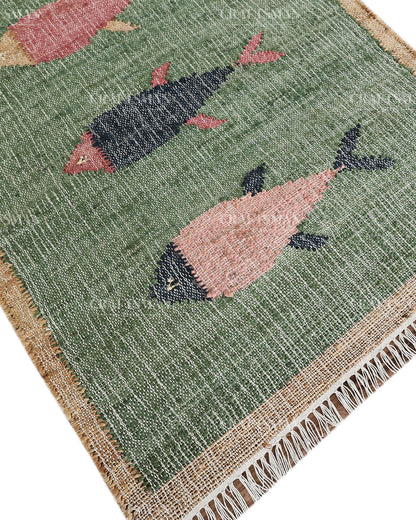 Handwoven Jute Fish Area Rug – Green Natural Jute Coastal Nautical Rug for Living Room, Bedroom & Entryway