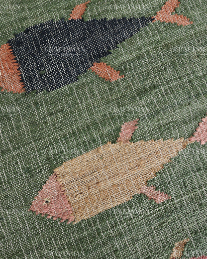 Handwoven Jute Fish Area Rug – Green Natural Jute Coastal Nautical Rug for Living Room, Bedroom & Entryway