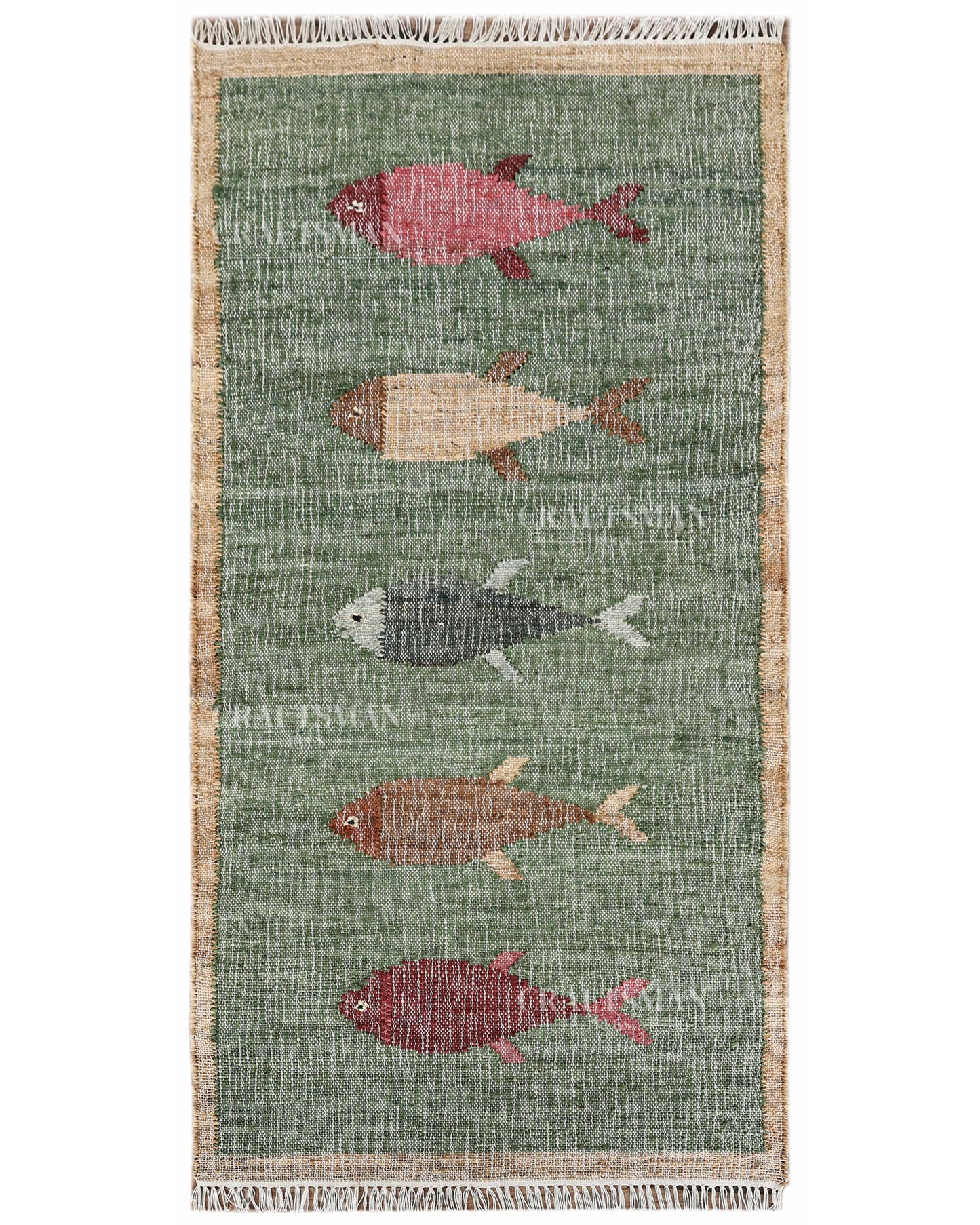 Handwoven Jute Fish Area Rug – Green Coastal Handmade Natural Fiber Rug for Living Room, Bedroom & Entryway