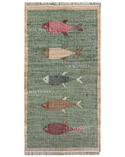 Handwoven Jute Fish Area Rug – Green Coastal Handmade Natural Fiber Rug for Living Room, Bedroom & Entryway