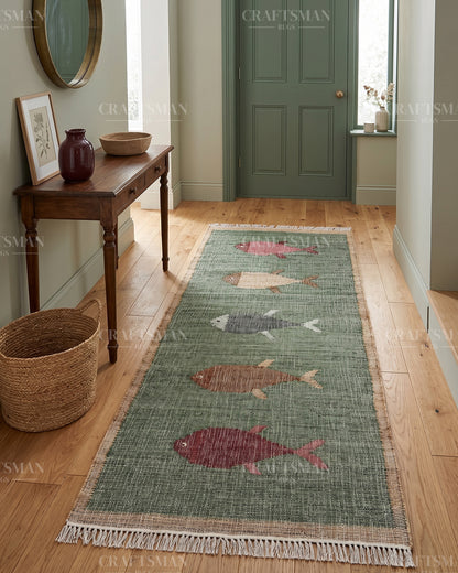 Handwoven Jute Fish Area Rug – Green Coastal Handmade Natural Fiber Rug for Living Room, Bedroom & Entryway