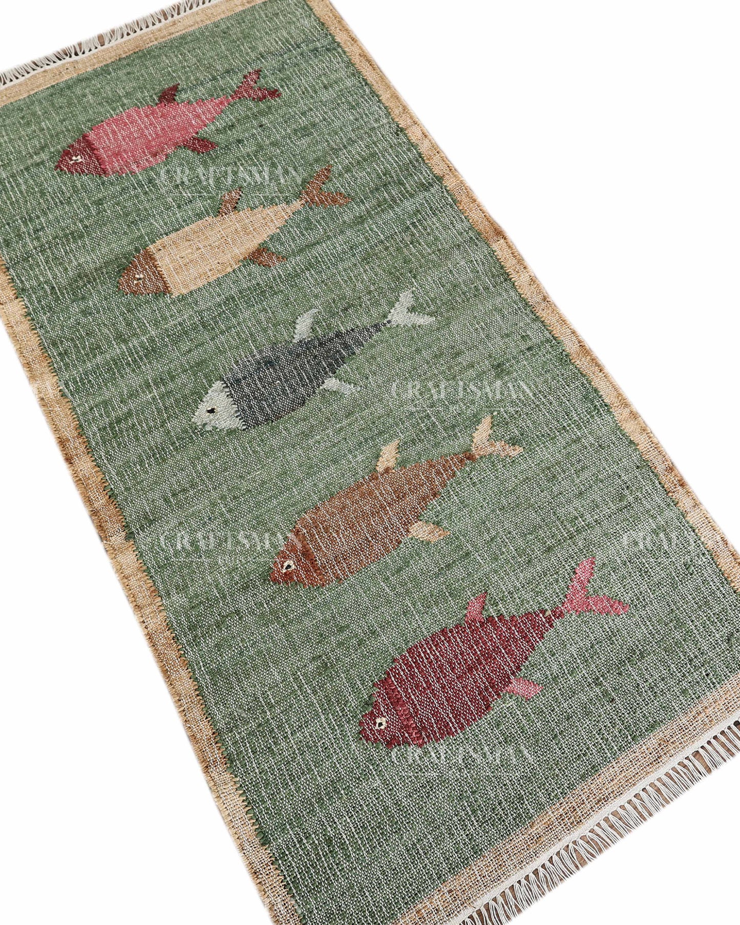Handwoven Jute Fish Area Rug – Green Coastal Handmade Natural Fiber Rug for Living Room, Bedroom & Entryway