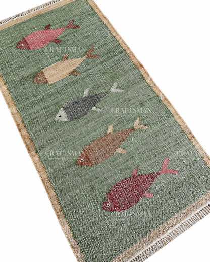Handwoven Jute Fish Area Rug – Green Coastal Handmade Natural Fiber Rug for Living Room, Bedroom & Entryway