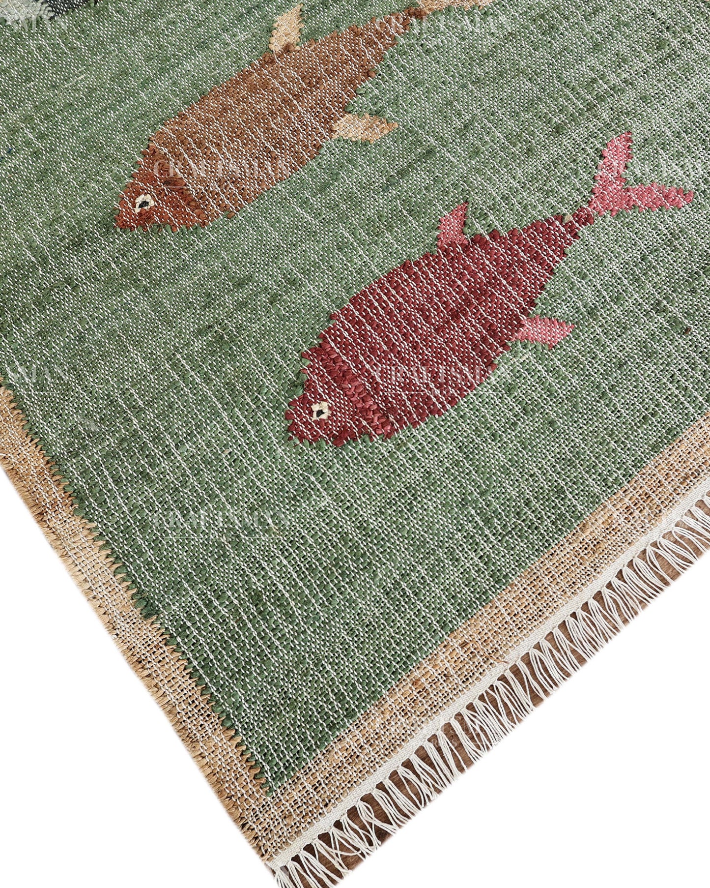 Handwoven Jute Fish Area Rug – Green Coastal Handmade Natural Fiber Rug for Living Room, Bedroom & Entryway