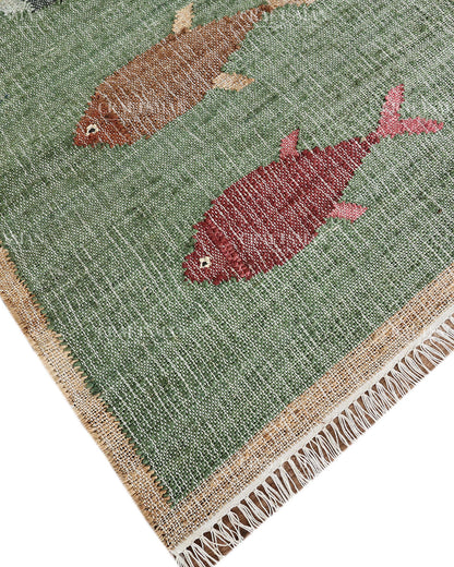 Handwoven Jute Fish Area Rug – Green Coastal Handmade Natural Fiber Rug for Living Room, Bedroom & Entryway