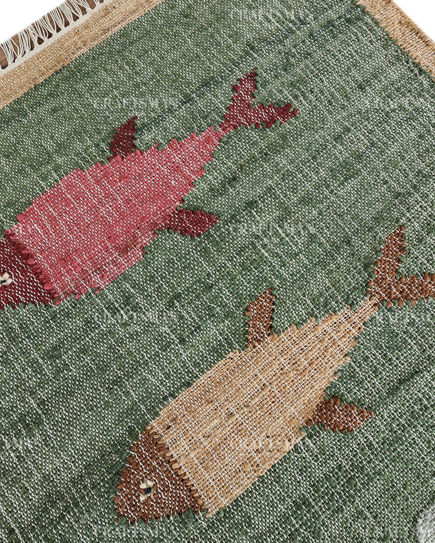 Handwoven Jute Fish Area Rug – Green Coastal Handmade Natural Fiber Rug for Living Room, Bedroom & Entryway