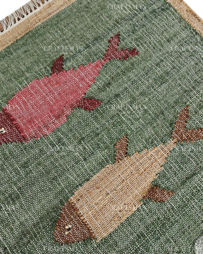 Handwoven Jute Fish Area Rug – Green Coastal Handmade Natural Fiber Rug for Living Room, Bedroom & Entryway