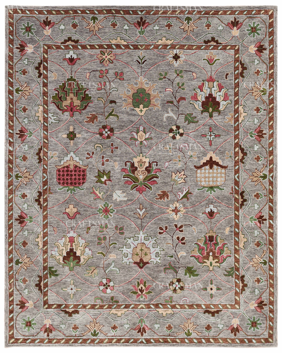 Hand Tufted Oushak Rug, Traditional Floral Wool Area Rug, Grey Persian Style Carpet with Multicolor Botanical Pattern