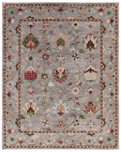Hand Tufted Oushak Rug, Traditional Floral Wool Area Rug, Grey Persian Style Carpet with Multicolor Botanical Pattern