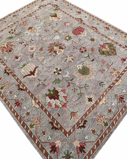 Hand Tufted Oushak Rug, Traditional Floral Wool Area Rug, Grey Persian Style Carpet with Multicolor Botanical Pattern