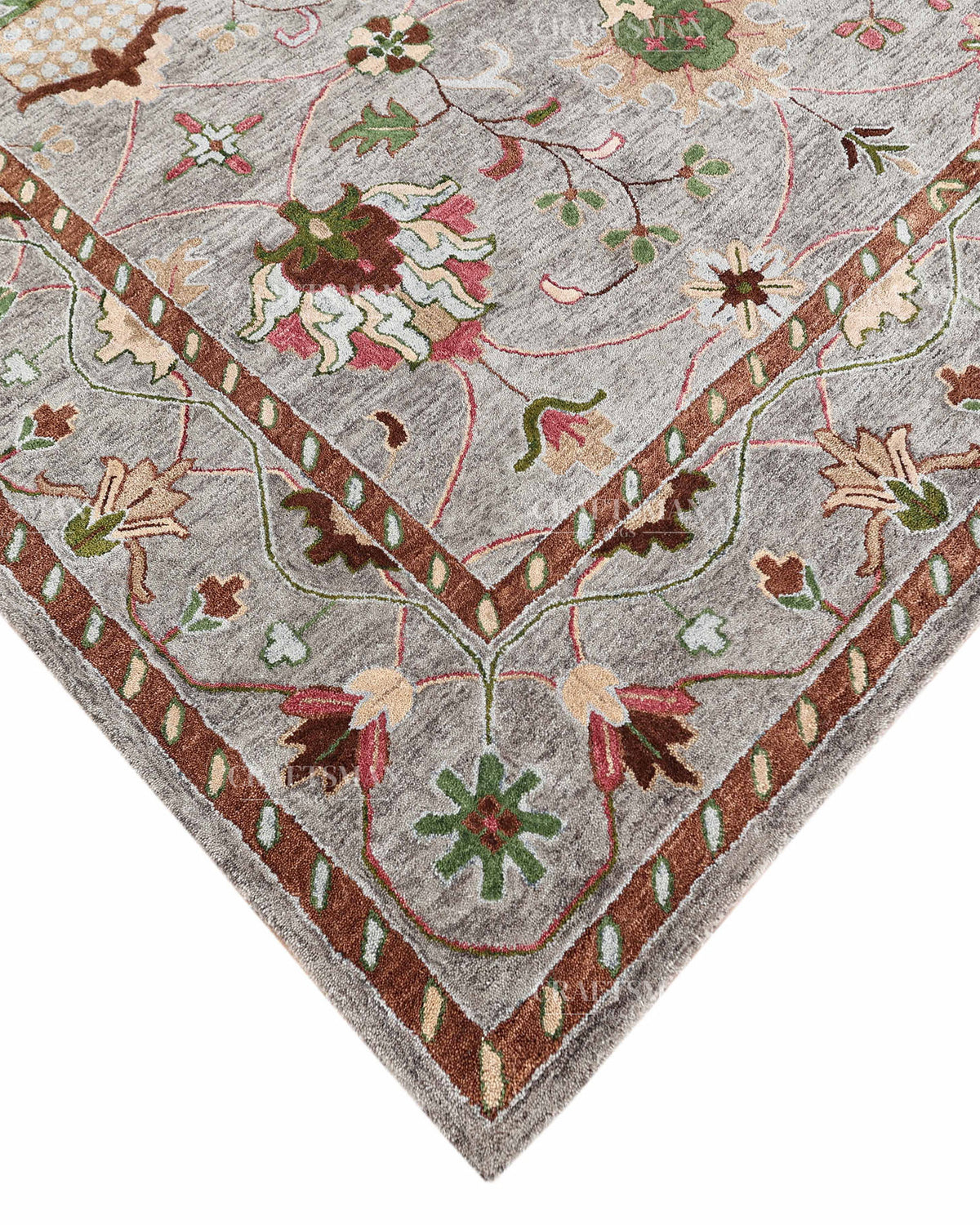 Hand Tufted Oushak Rug, Traditional Floral Wool Area Rug, Grey Persian Style Carpet with Multicolor Botanical Pattern