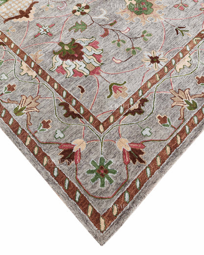 Hand Tufted Oushak Rug, Traditional Floral Wool Area Rug, Grey Persian Style Carpet with Multicolor Botanical Pattern