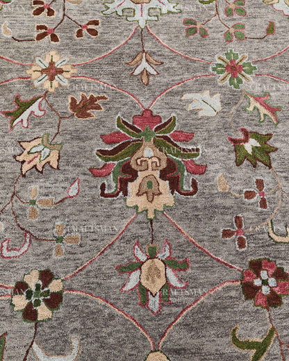 Hand Tufted Oushak Rug, Traditional Floral Wool Area Rug, Grey Persian Style Carpet with Multicolor Botanical Pattern