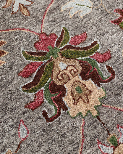 Hand Tufted Oushak Rug, Traditional Floral Wool Area Rug, Grey Persian Style Carpet with Multicolor Botanical Pattern