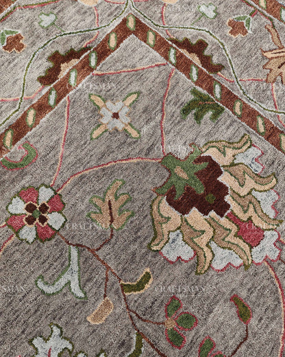 Hand Tufted Oushak Rug, Traditional Floral Wool Area Rug, Grey Persian Style Carpet with Multicolor Botanical Pattern