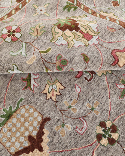 Hand Tufted Oushak Rug, Traditional Floral Wool Area Rug, Grey Persian Style Carpet with Multicolor Botanical Pattern