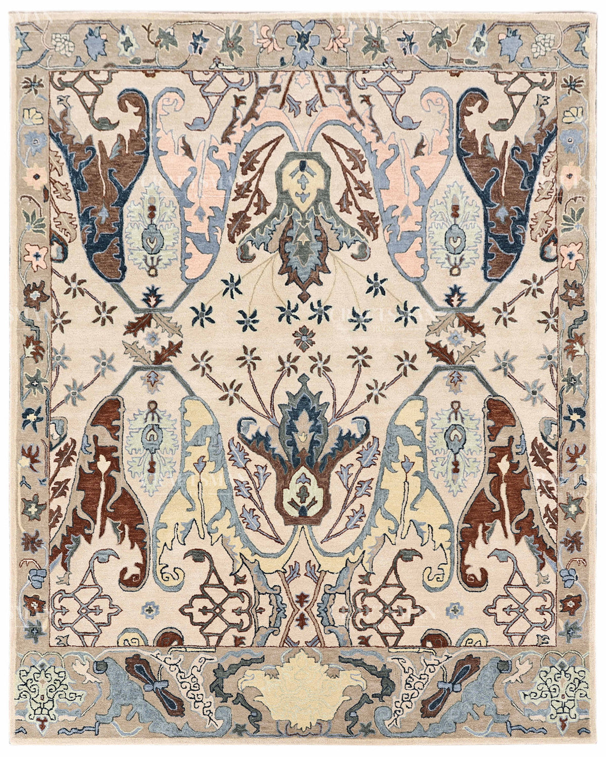 Hand Tufted Oushak Rug, Traditional Persian Floral Area Rug, Ivory Blue and Brown Vintage Style Carpet
