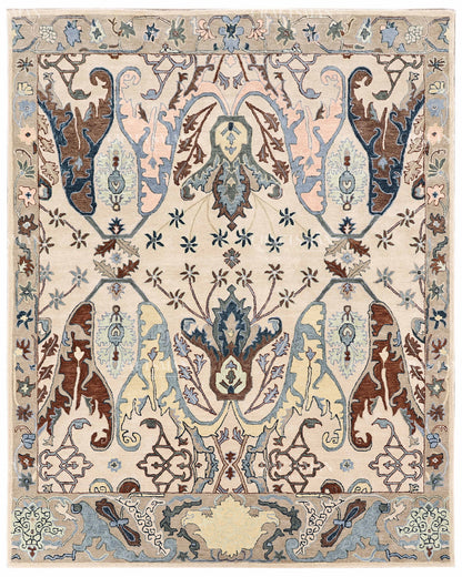 Hand Tufted Oushak Rug, Traditional Persian Floral Area Rug, Ivory Blue and Brown Vintage Style Carpet