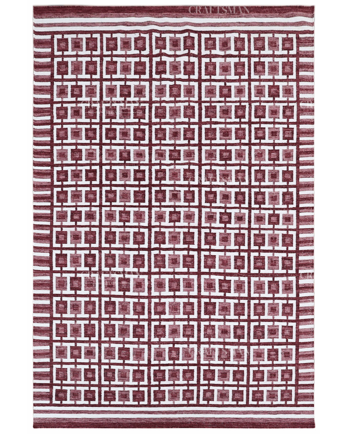 Handmade Burgundy Flatweave Dhurrie Rug, Maroon & Ivory Geometric Area Rug, Traditional Striped Carpet