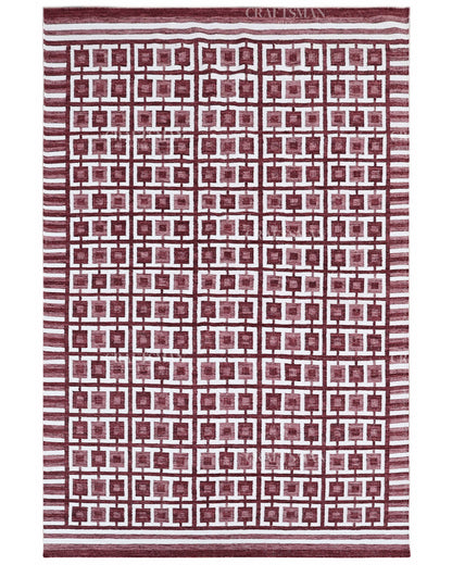 Handmade Burgundy Flatweave Dhurrie Rug, Maroon & Ivory Geometric Area Rug, Traditional Striped Carpet
