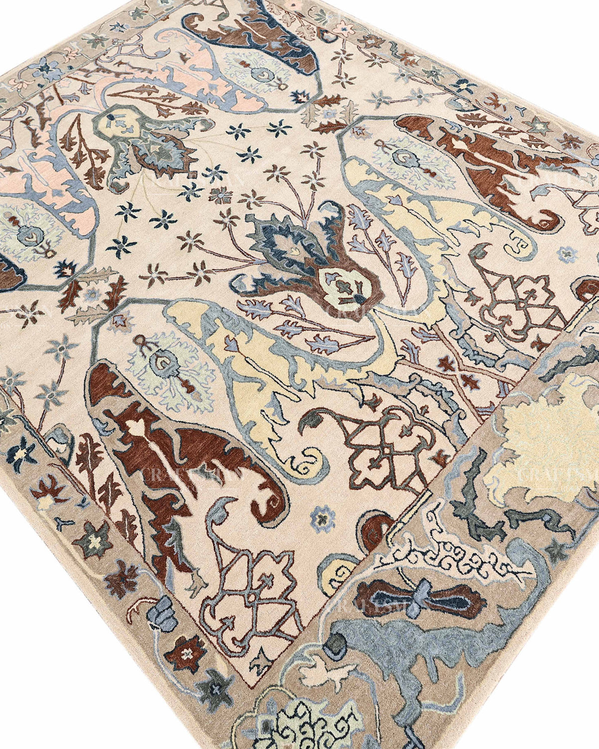 Hand Tufted Oushak Rug, Traditional Persian Floral Area Rug, Ivory Blue and Brown Vintage Style Carpet