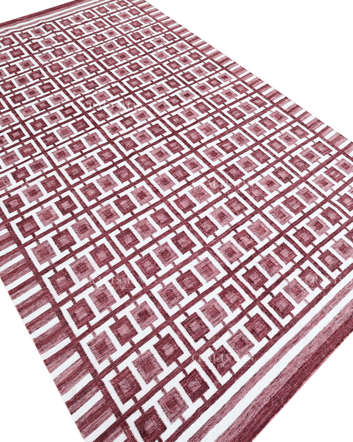 Handmade Burgundy Flatweave Dhurrie Rug, Maroon & Ivory Geometric Area Rug, Traditional Striped Carpet