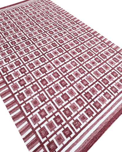 Handmade Burgundy Flatweave Dhurrie Rug, Maroon & Ivory Geometric Area Rug, Traditional Striped Carpet