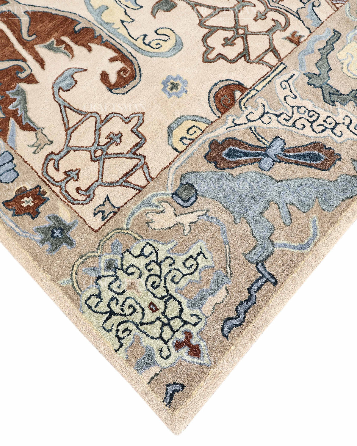 Hand Tufted Oushak Rug, Traditional Persian Floral Area Rug, Ivory Blue and Brown Vintage Style Carpet