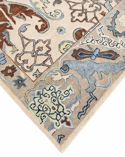 Hand Tufted Oushak Rug, Traditional Persian Floral Area Rug, Ivory Blue and Brown Vintage Style Carpet