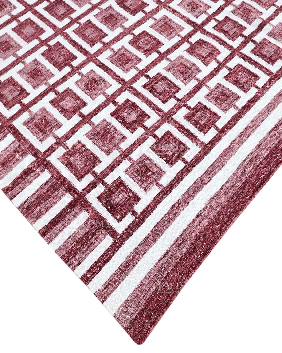 Handmade Burgundy Flatweave Dhurrie Rug, Maroon & Ivory Geometric Area Rug, Traditional Striped Carpet