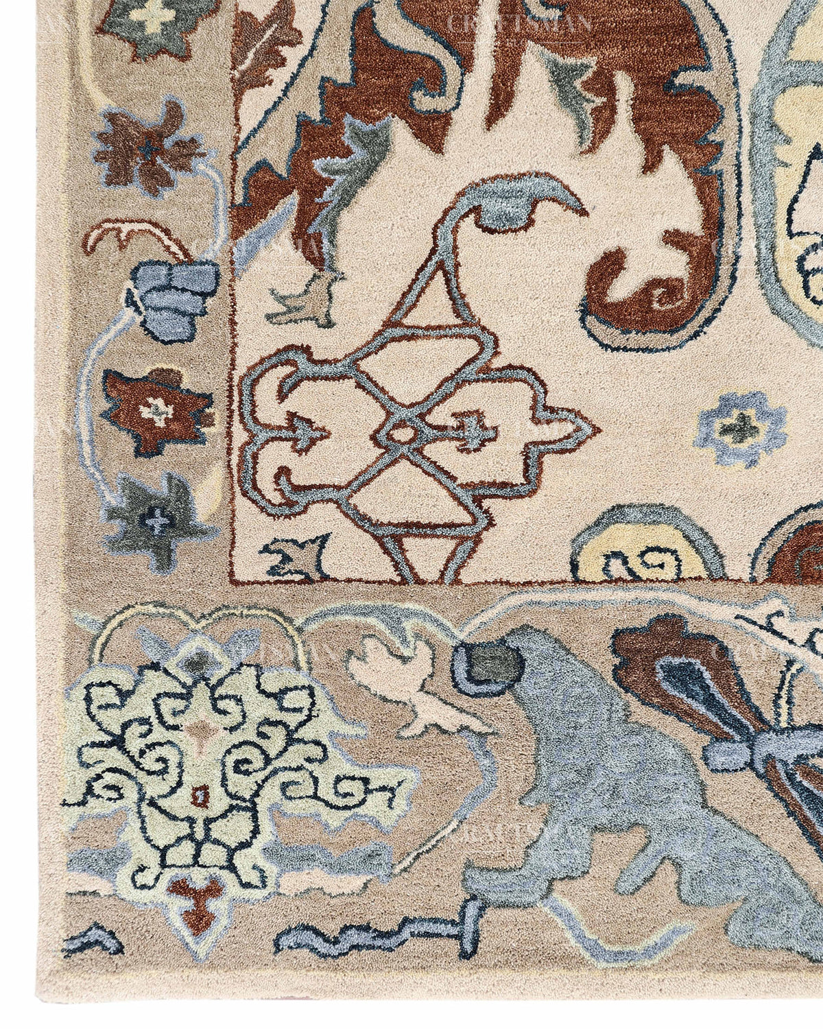 Hand Tufted Oushak Rug, Traditional Persian Floral Area Rug, Ivory Blue and Brown Vintage Style Carpet
