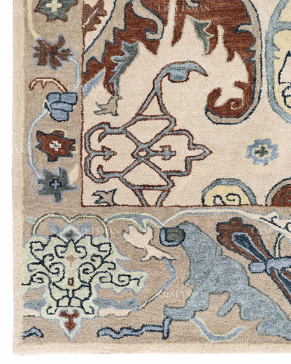 Hand Tufted Oushak Rug, Traditional Persian Floral Area Rug, Ivory Blue and Brown Vintage Style Carpet