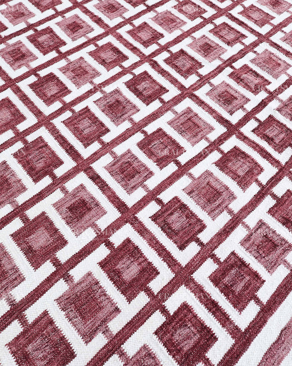 Handmade Burgundy Flatweave Dhurrie Rug, Maroon & Ivory Geometric Area Rug, Traditional Striped Carpet