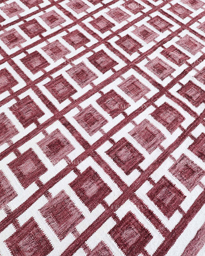Handmade Burgundy Flatweave Dhurrie Rug, Maroon & Ivory Geometric Area Rug, Traditional Striped Carpet