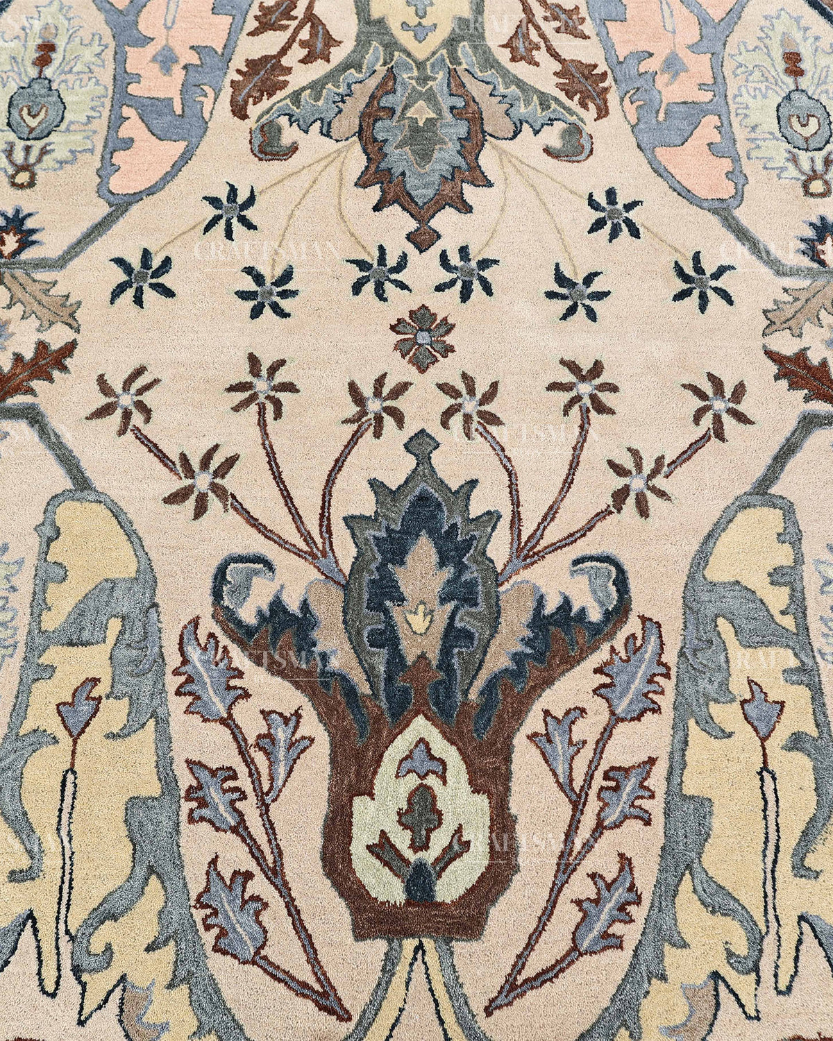 Hand Tufted Oushak Rug, Traditional Persian Floral Area Rug, Ivory Blue and Brown Vintage Style Carpet
