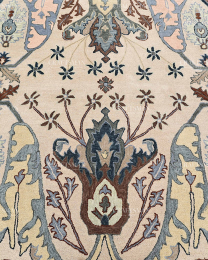 Hand Tufted Oushak Rug, Traditional Persian Floral Area Rug, Ivory Blue and Brown Vintage Style Carpet