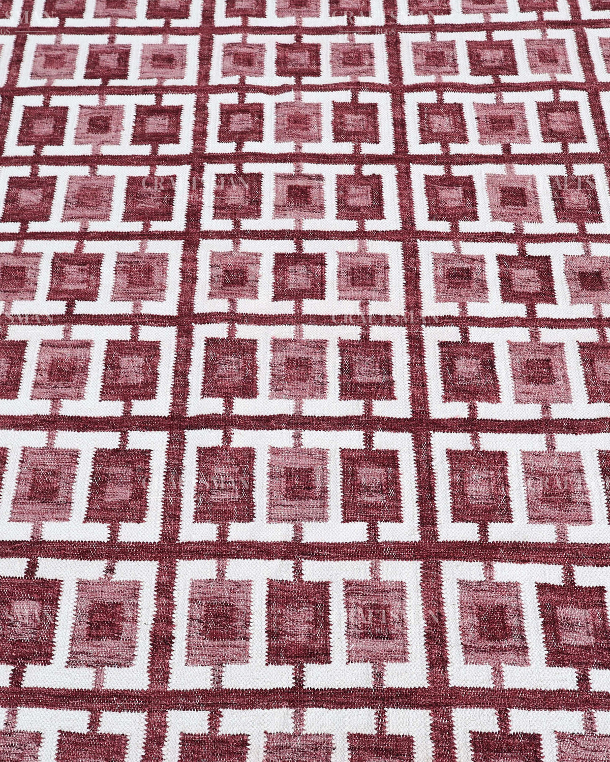 Handmade Burgundy Flatweave Dhurrie Rug, Maroon & Ivory Geometric Area Rug, Traditional Striped Carpet